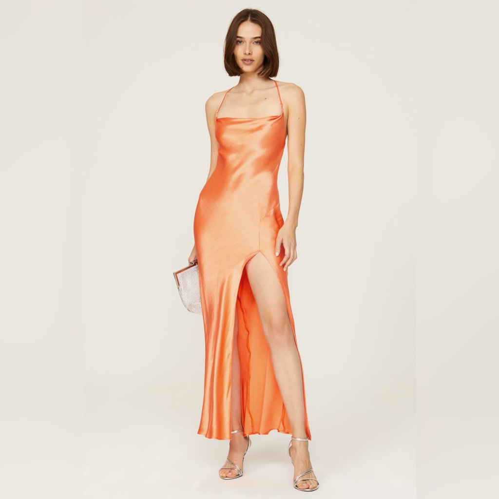 Bec & Bridge Annika Dress Sleeveless Cowl Neck Satin Slip Maxi Gown Orange 4